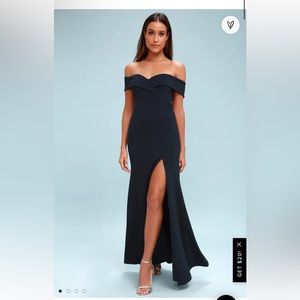 Floor length navy dress with slit
